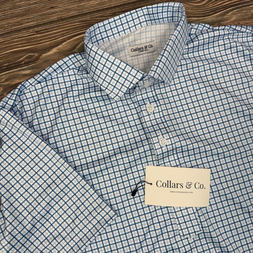 Collars & Co Mens Dress Collar Polo Large Tall Blue Grid Check Performance NEW